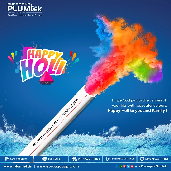 Holi creative ad: White PPR pipe blasting rainbow colour powder out of a water splash