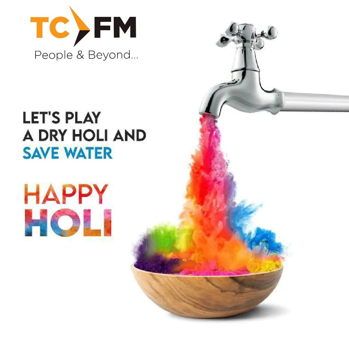 Chrome tap pouring rainbow gulal powder into a wooden bowl