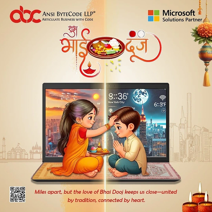 Bhai Dooj creative ad: Sister applying tilak to brother across a split laptop screen