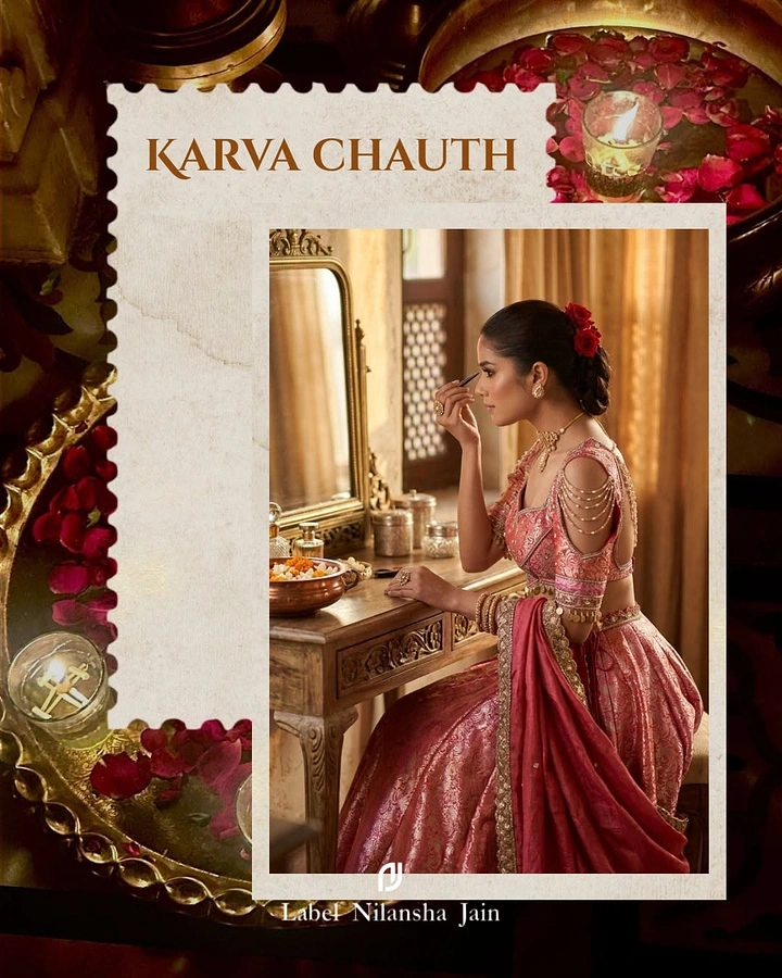 Karwa Chauth creative ad: Woman in pink brocade lehenga applying kohl at an antique vanity