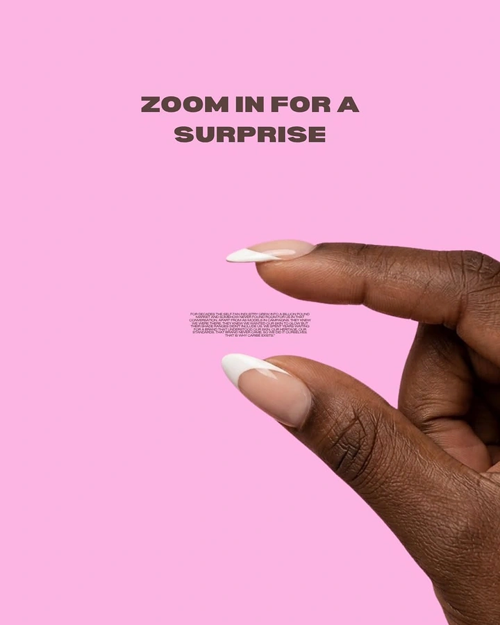 Nail Salons creative ad: Manicured fingers pinch tiny zoom-in text
