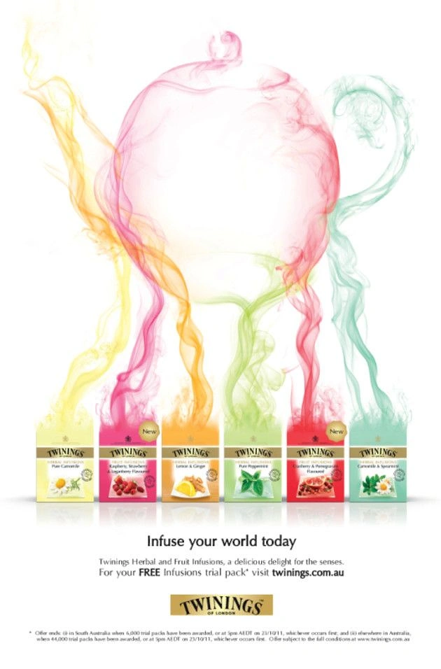 Tea & Chai Brands creative ad: Colourful smoke wisps rising from six tea boxes to form a teapot