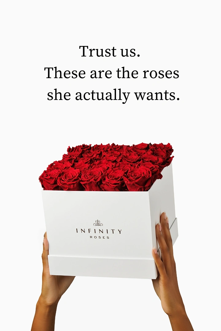 Valentine's Day creative ad: Hands raising a white box of preserved red roses