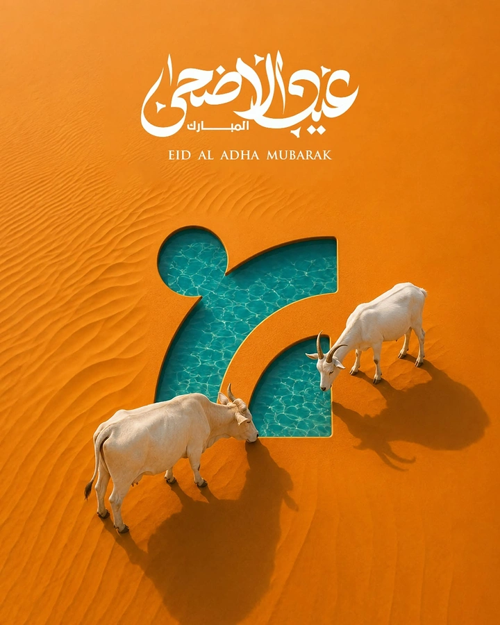 Eid creative ad: Goat and cow drinking from a pool cut into desert sand in an Arabic letter shape