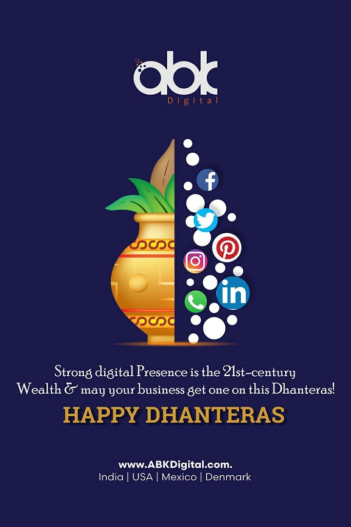 Dhanteras creative ad: Half golden kalash and half cluster of social media icons