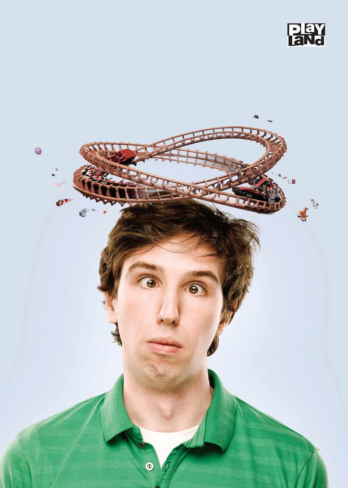 Poster: Dazed young man with a looping miniature roller coaster circling his head