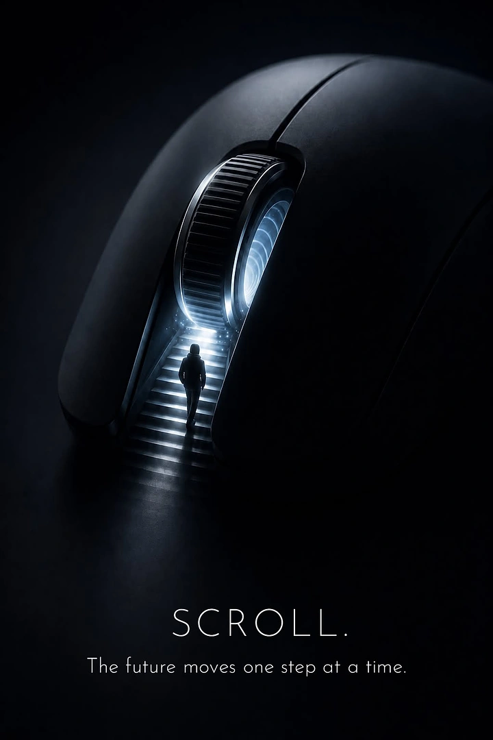 Electronics creative ad: Giant computer mouse with scroll wheel opening into a lit staircase climbed by a tiny figure