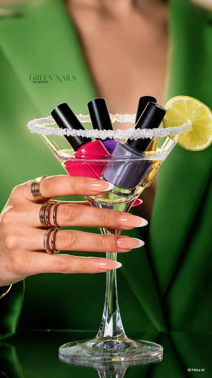 Nail Salons creative ad: Manicured hand holding a martini glass filled with nail polish bottles