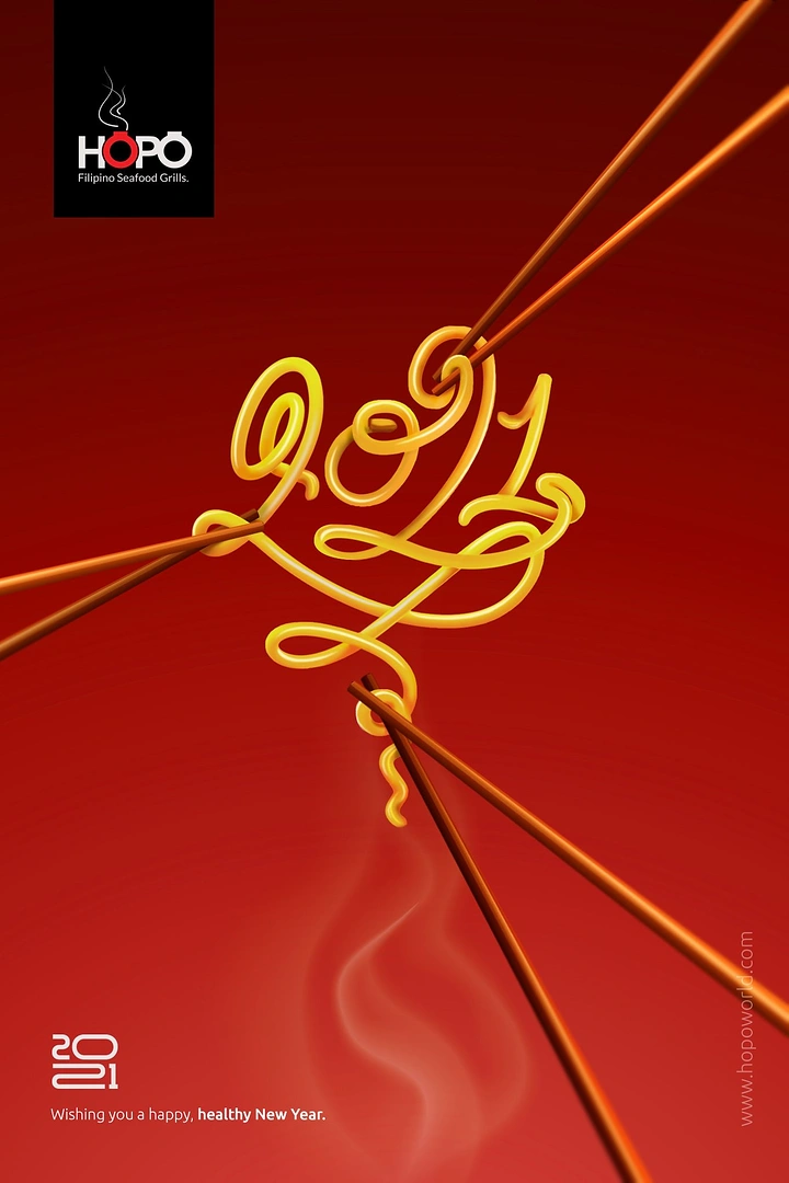 New Year creative ad: Noodles forming the year numerals, held by chopsticks