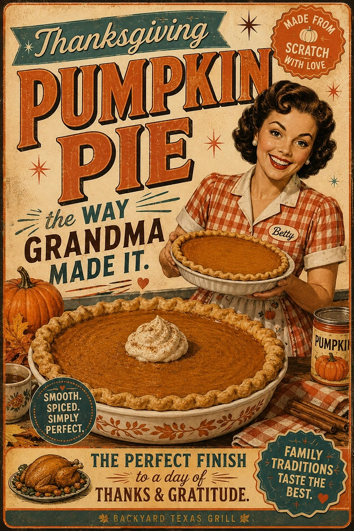 Thanksgiving creative ad: Retro 1950s woman holding pumpkin pie beside a large pie