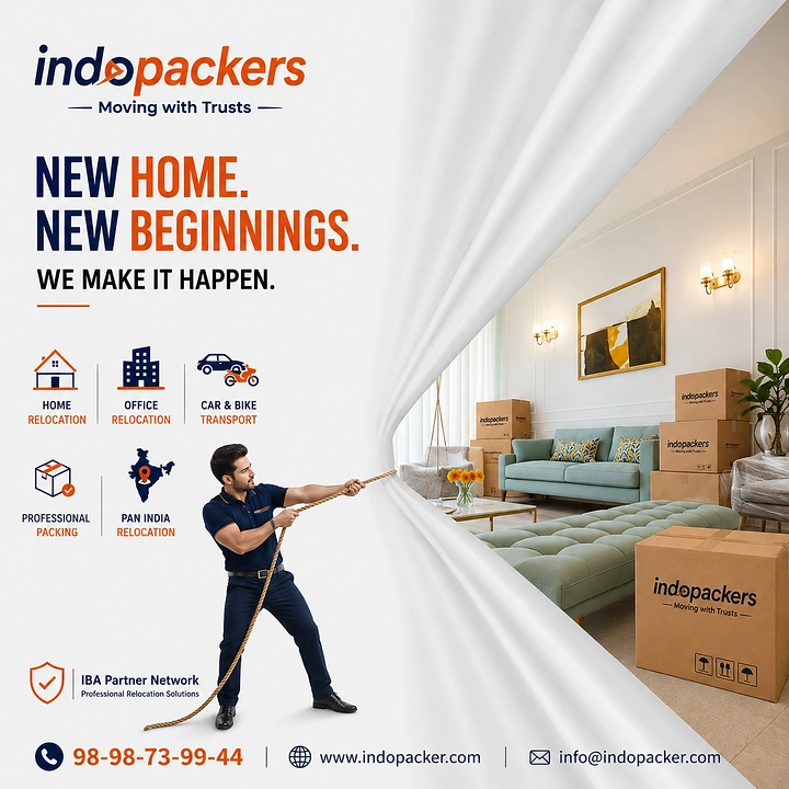 Movers & Packers creative ad: Mover pulls curtain to reveal new home
