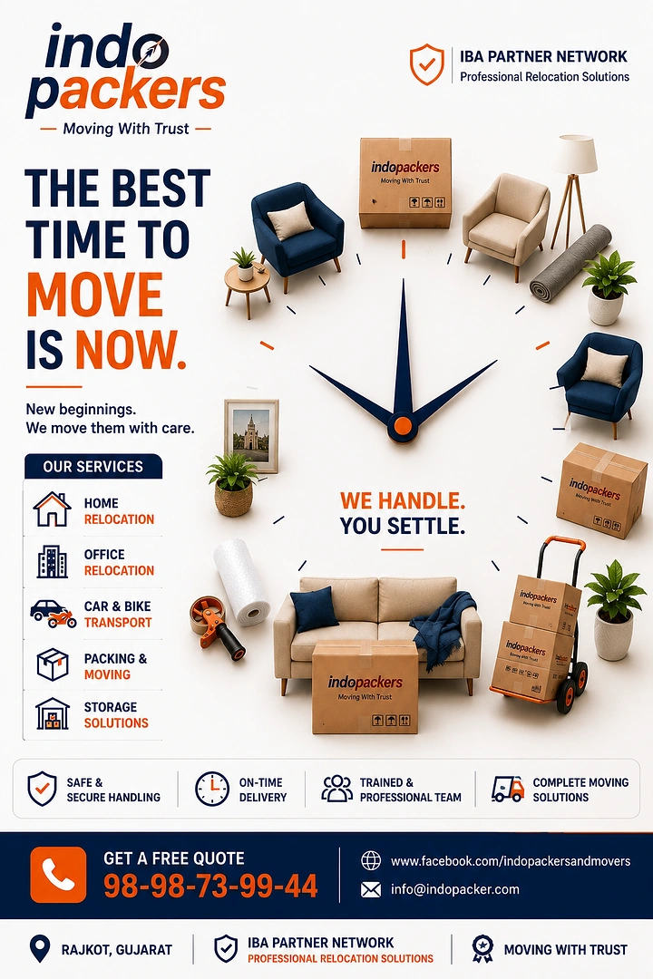 Movers & Packers creative ad: Furniture arranged as clock face: time to move