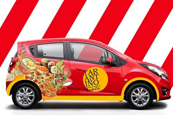 Window Tinting & Car Wraps creative ad: Food artwork integrated into car wrap