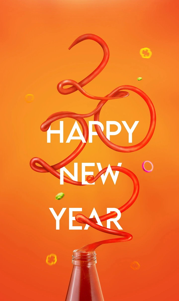 New Year creative ad: Ketchup streaming from a bottle and looping into year numerals