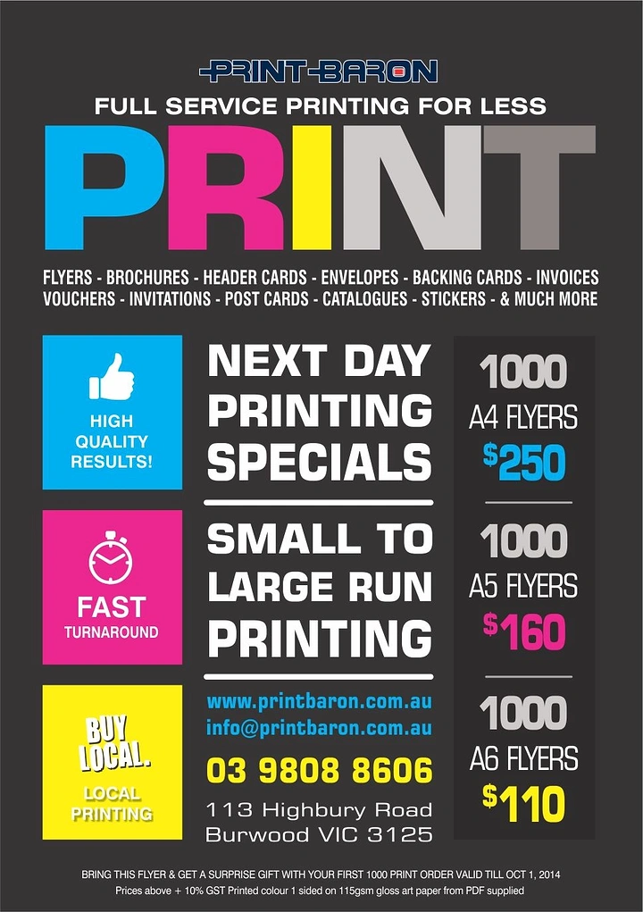 Printing Shops creative ad: CMYK-colored PRINT wordmark, bold price grid