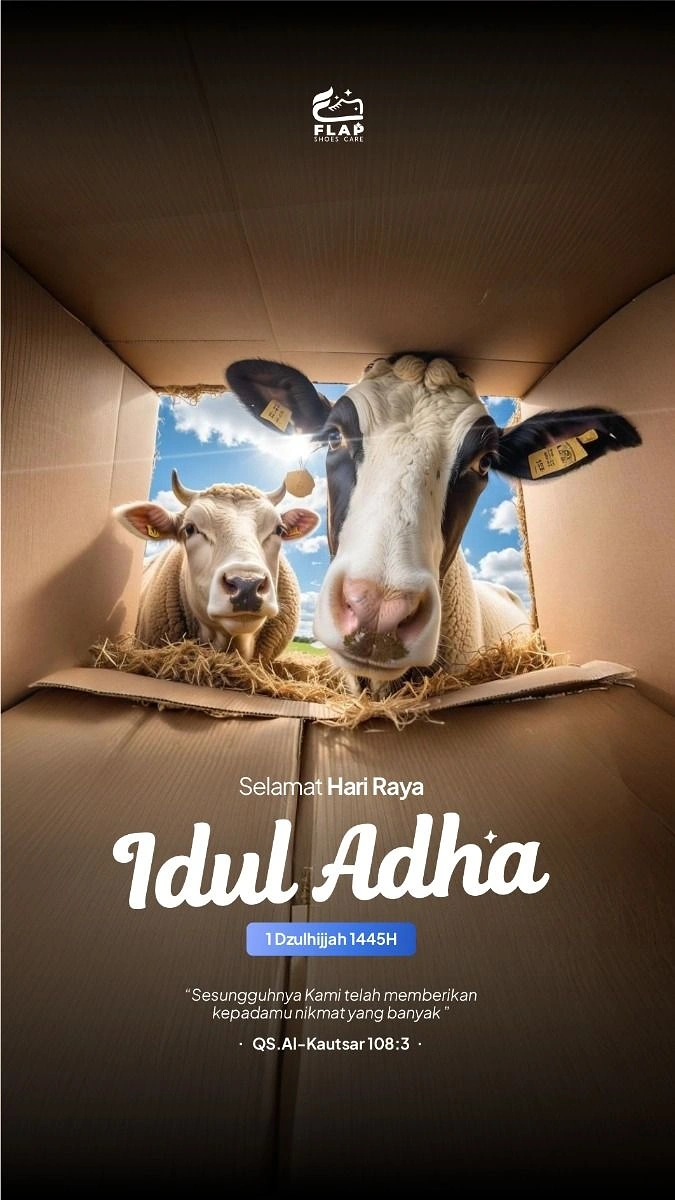 Eid creative ad: Cow and sheep peering into a cardboard box from above