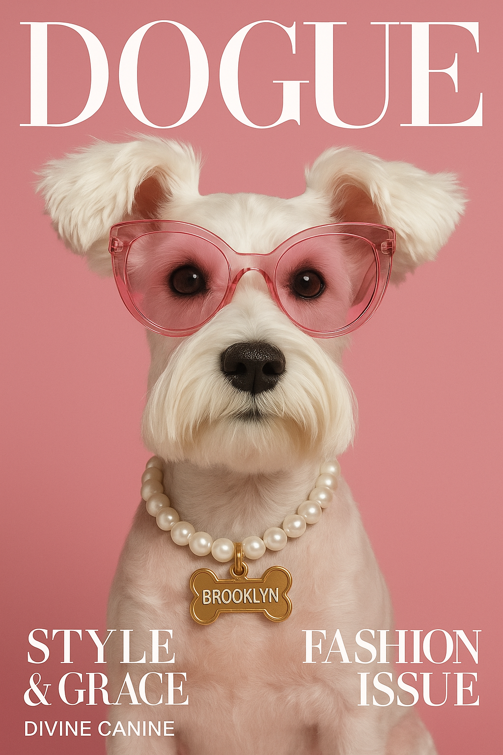 Instagram post: White schnauzer in pink cat-eye sunglasses and pearls