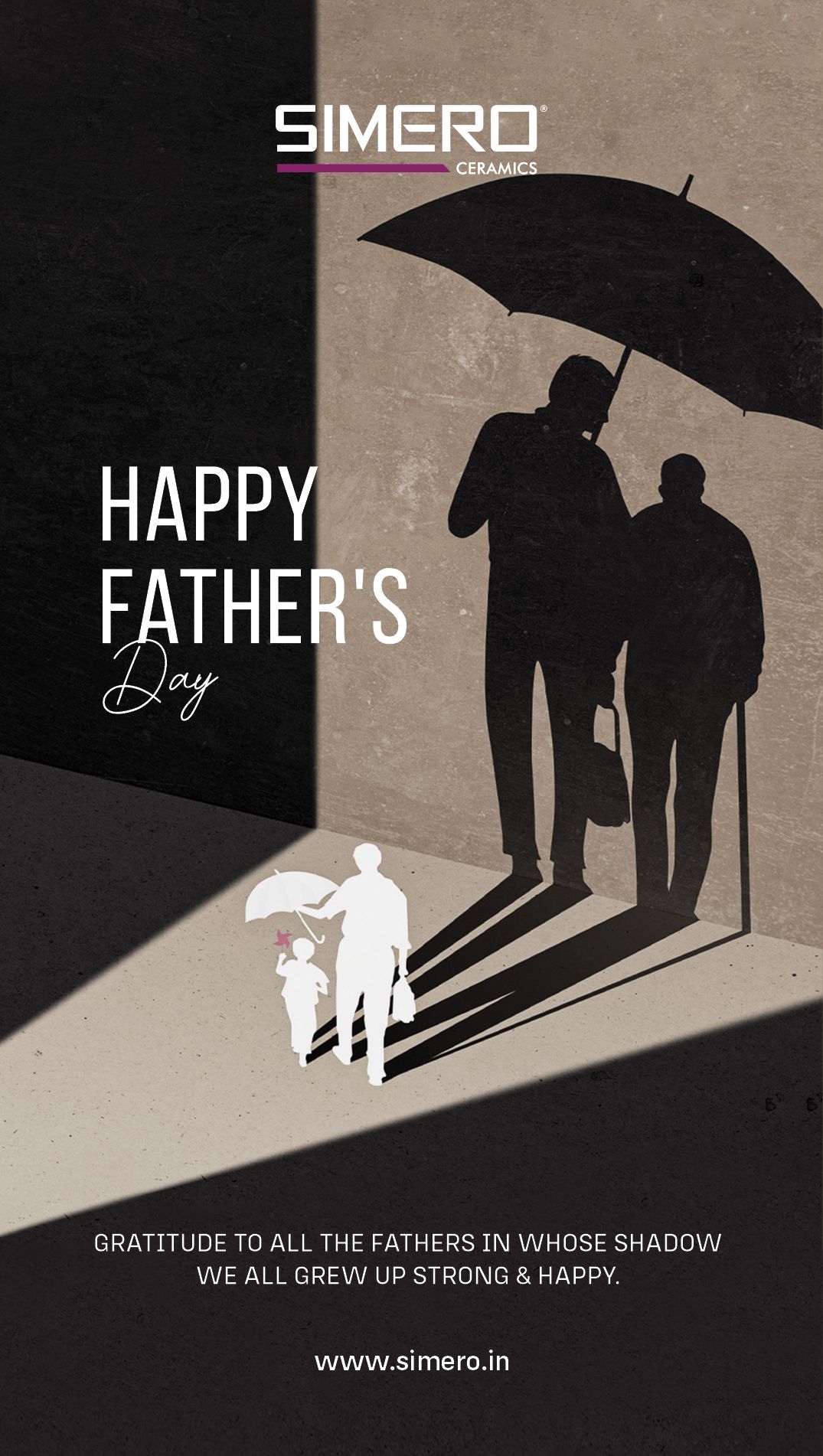Small white father-and-child silhouette casting a giant shadow of an adult son sheltering his elderly father under an umbrella