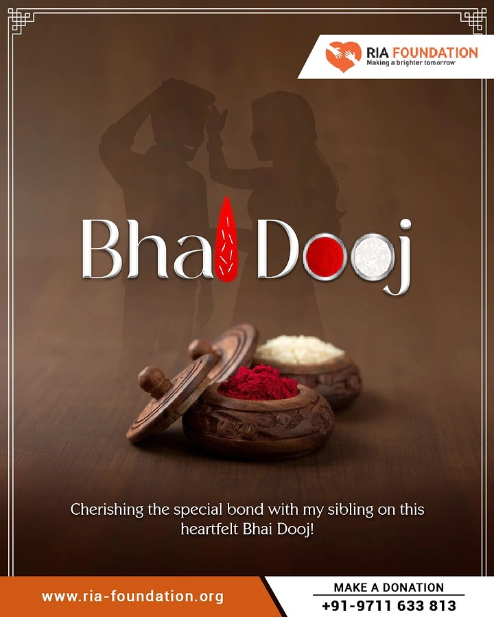 Bhai Dooj creative ad: Carved wooden boxes of red kumkum and rice under faint sibling silhouettes