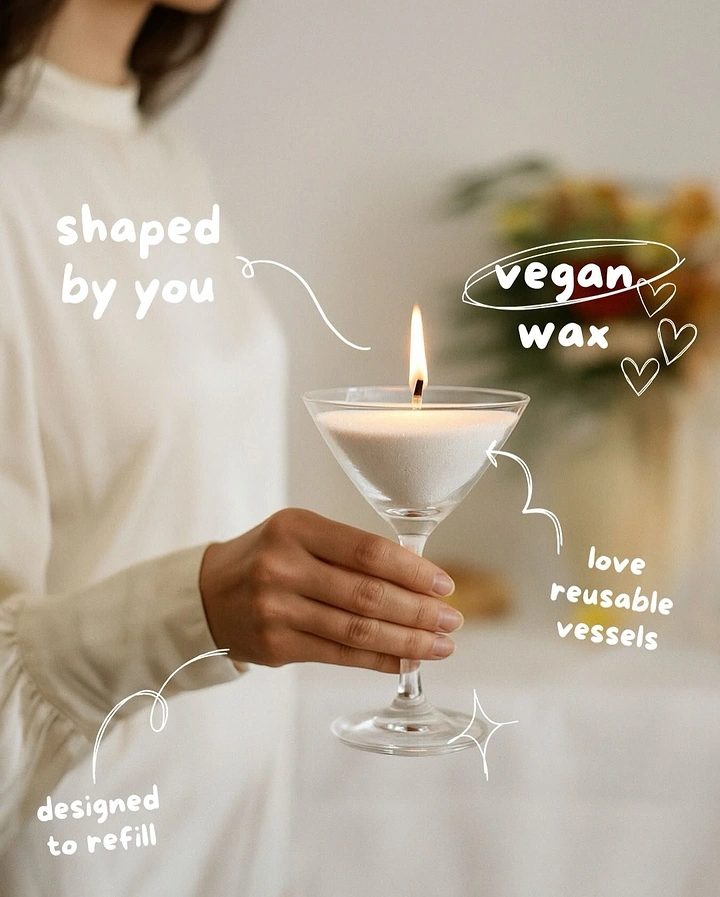 Candles & Home Fragrance creative ad: Candle poured in martini glass, annotated
