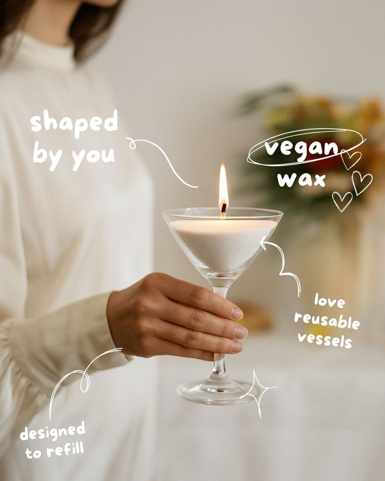 Instagram post: Candle poured in martini glass, annotated