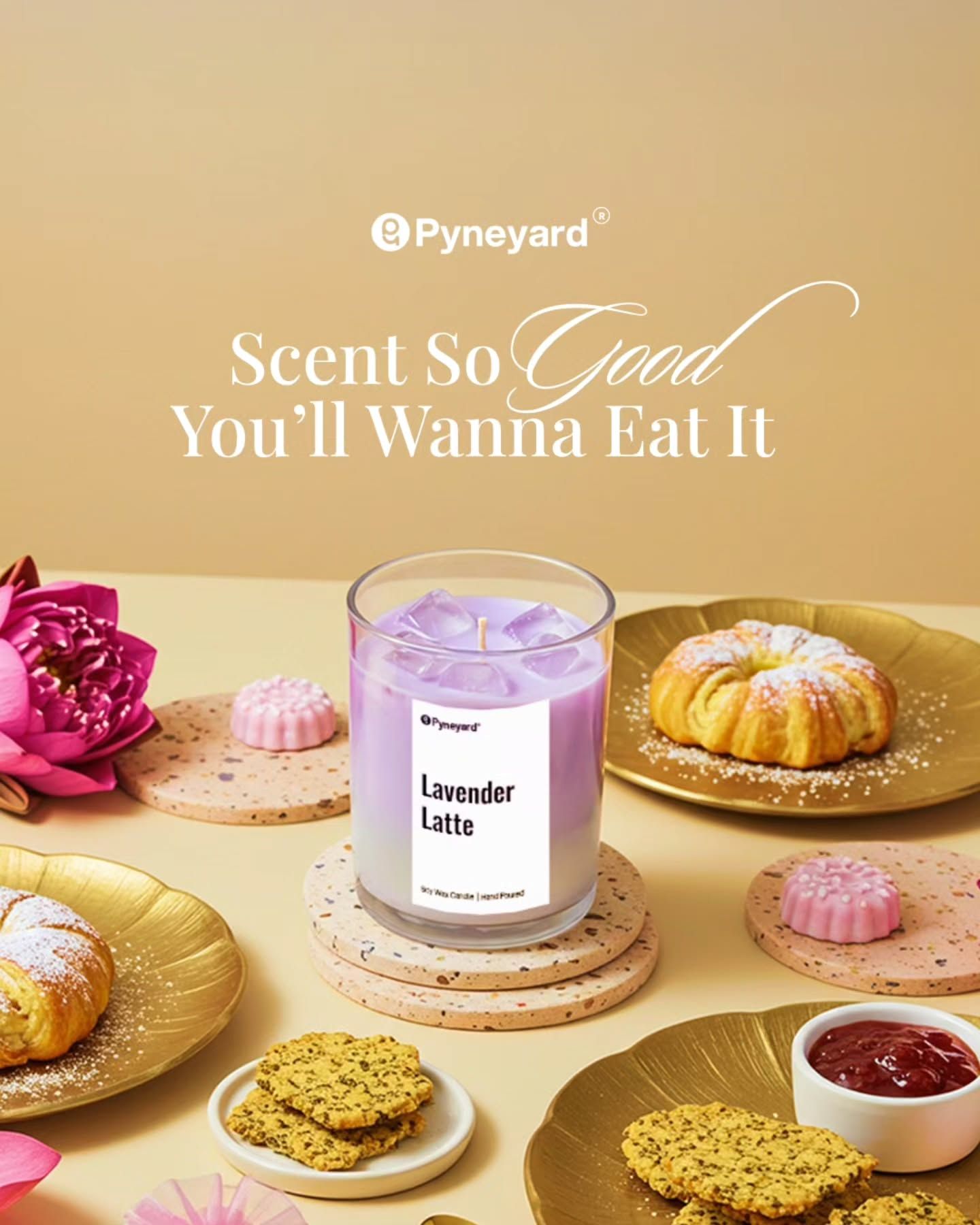 Instagram post: Candle among desserts, edible scent pun