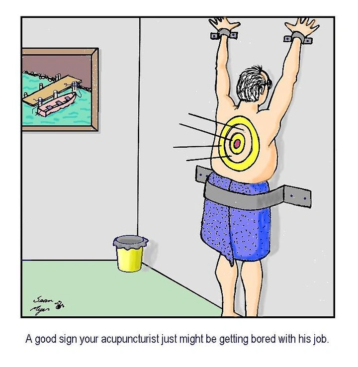 Acupuncture & Cupping Clinics creative ad: Funny bored-acupuncturist cartoon metaphor