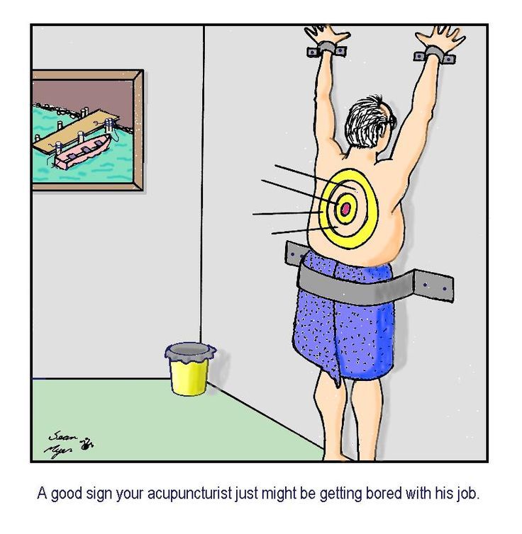 Instagram post: Funny bored-acupuncturist cartoon metaphor