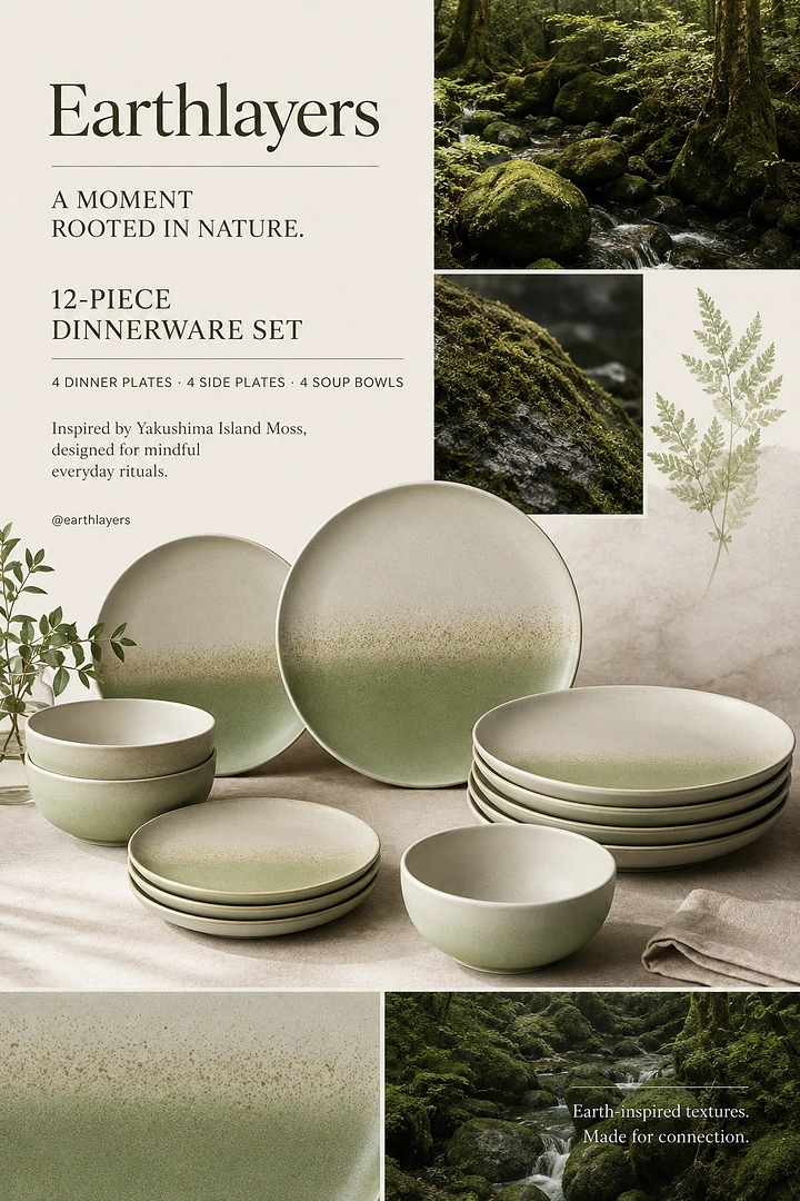 Home Decor creative ad: Green-ombre ceramic dinnerware set with moss forest imagery