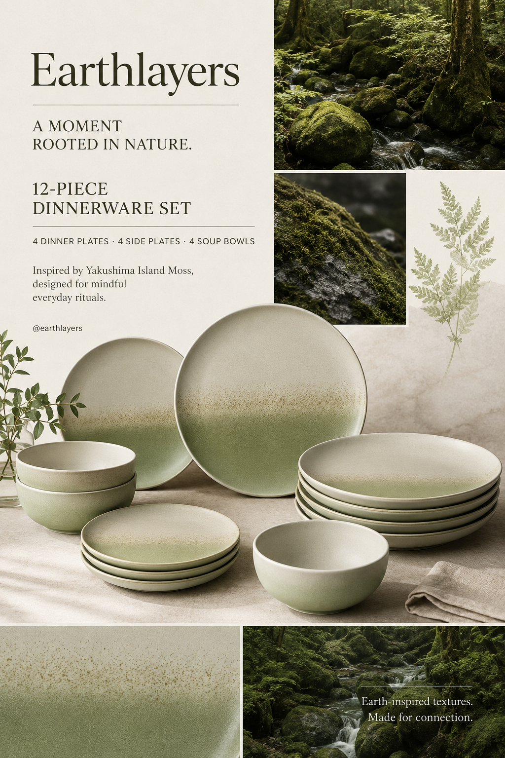 Instagram post: Green-ombre ceramic dinnerware set with moss forest imagery