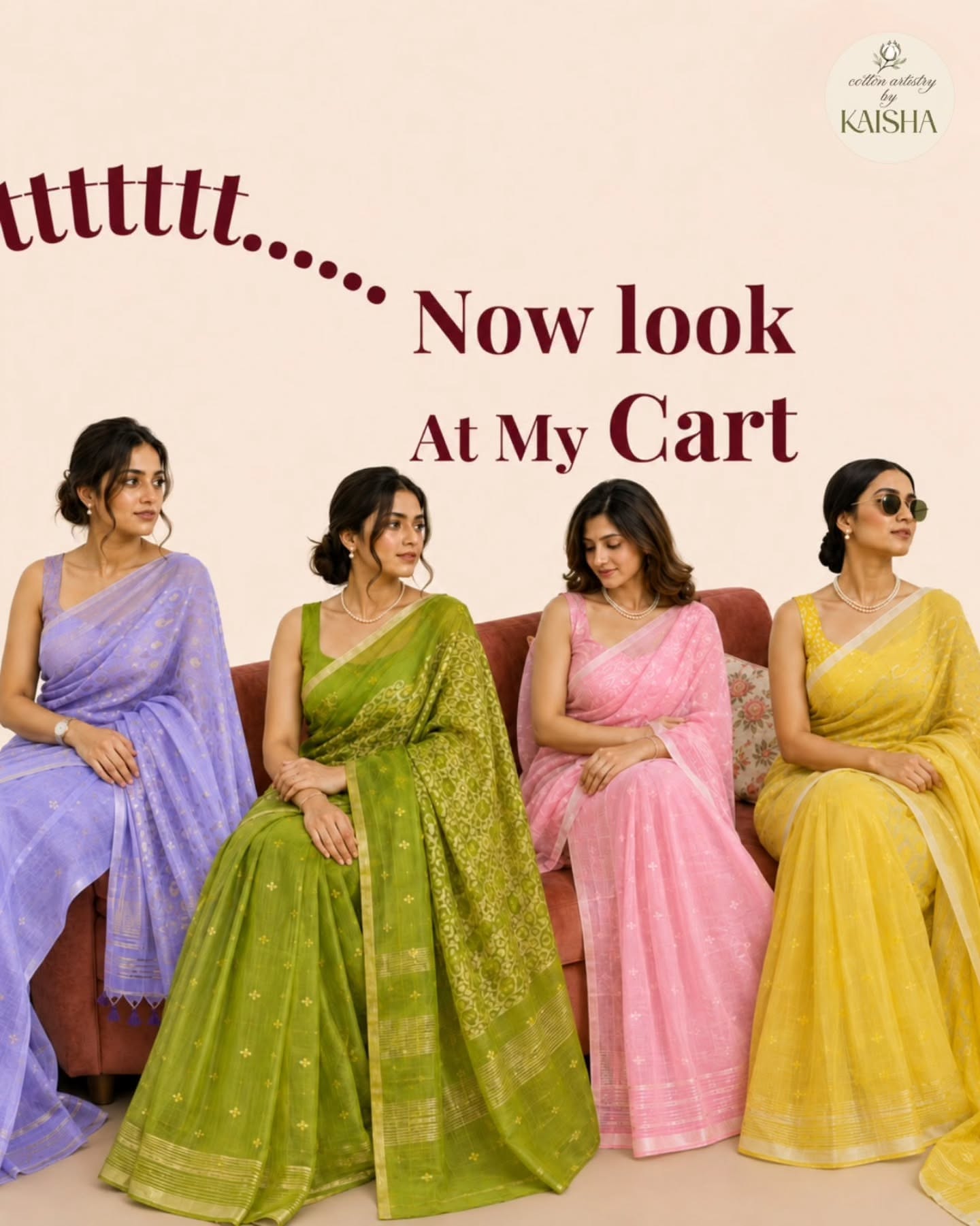 Instagram post: 'One saree, but' stretched witty typography, slide 4