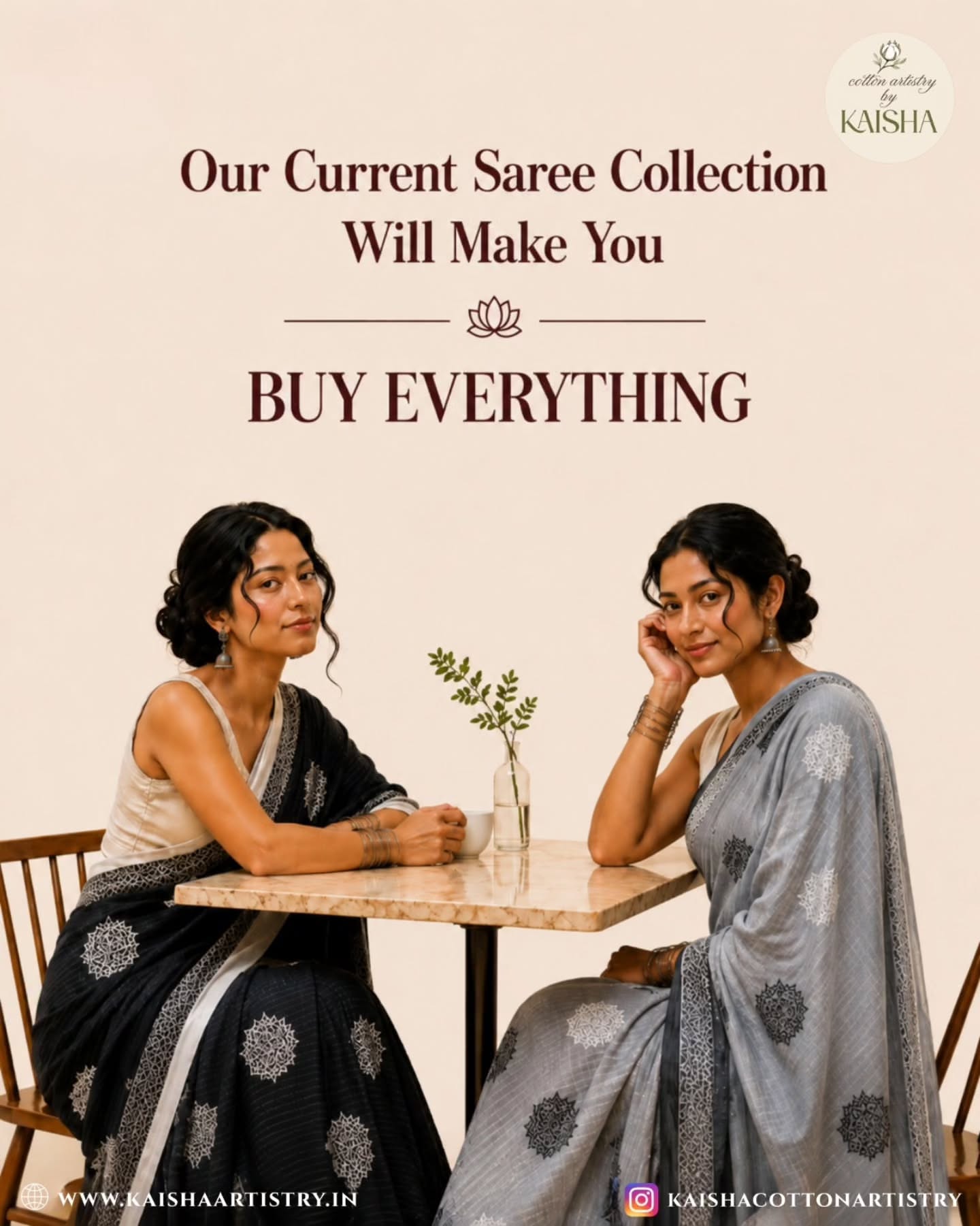 Instagram post: 'One saree, but' stretched witty typography, slide 5