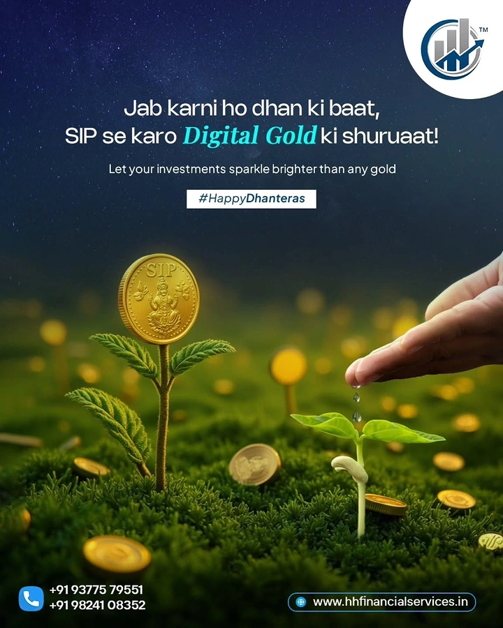 Dhanteras creative ad: Gold Lakshmi coin growing on a plant while a hand waters a sapling