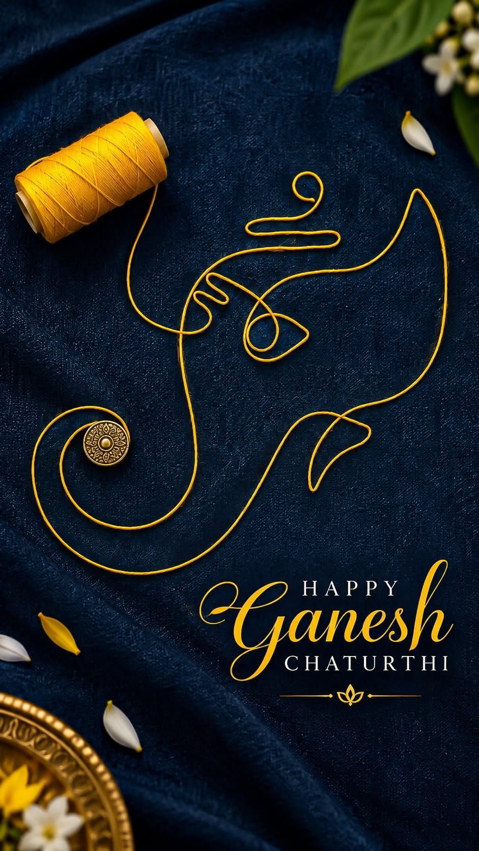 Ganesha outline formed from yellow thread on navy fabric