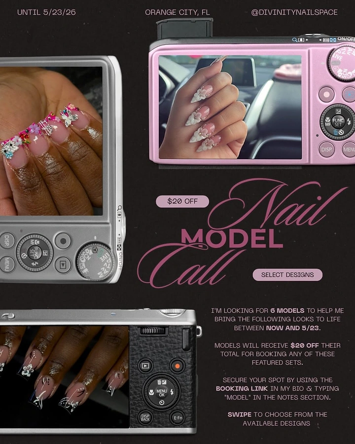 Nail Salons creative ad: Nail sets framed in digicam screens, model call