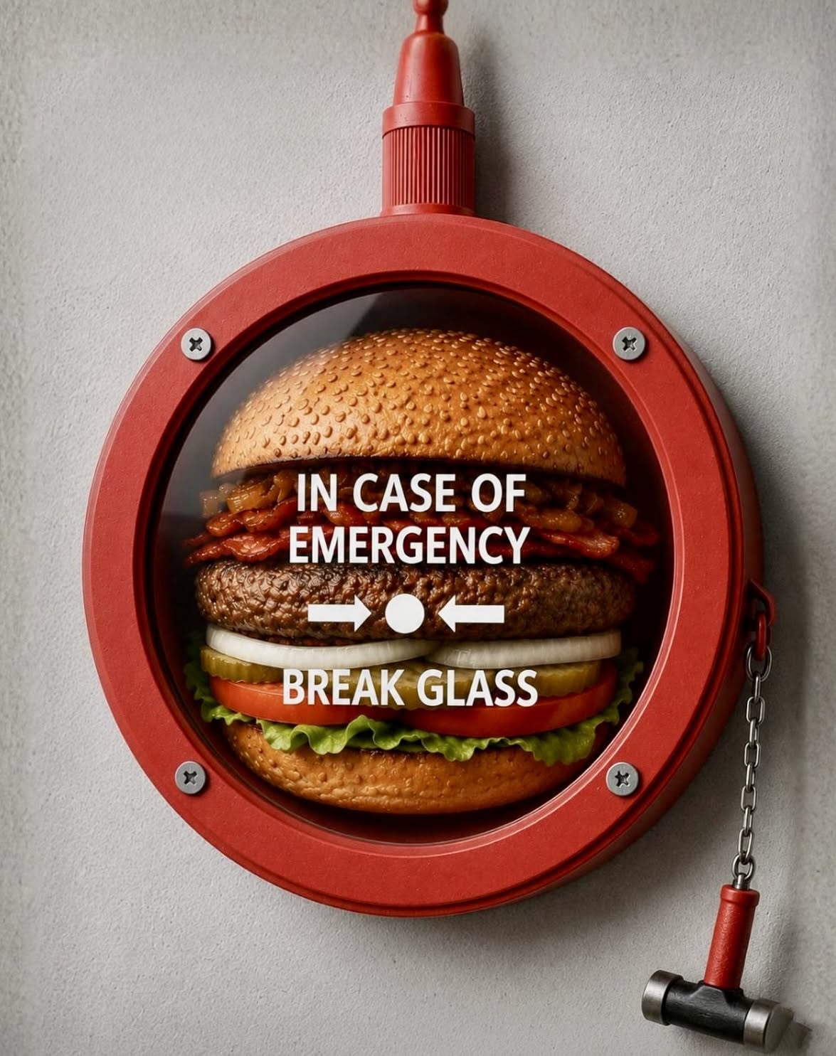 Instagram post: Burger sealed inside a red emergency break-glass case