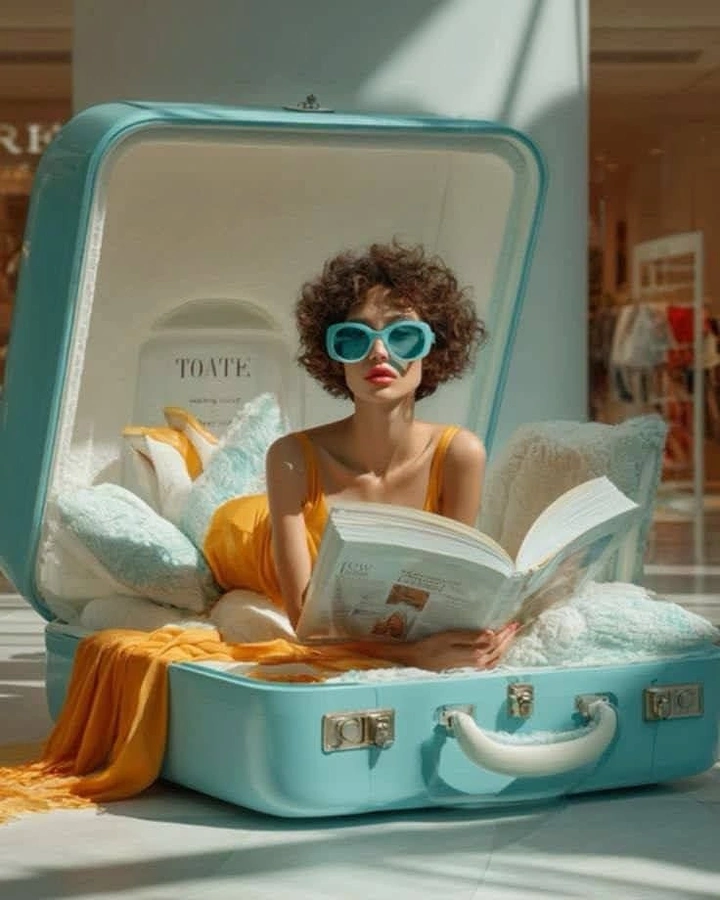 Luggage & Travel Bags creative ad: Traveler playfully emerges from suitcase