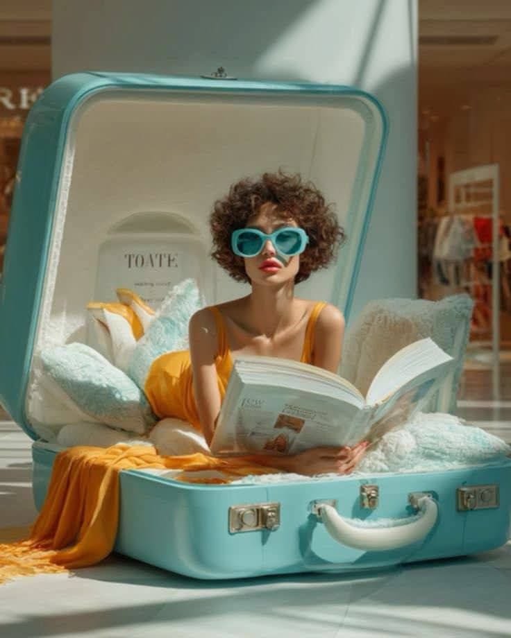 Instagram post: Traveler playfully emerges from suitcase