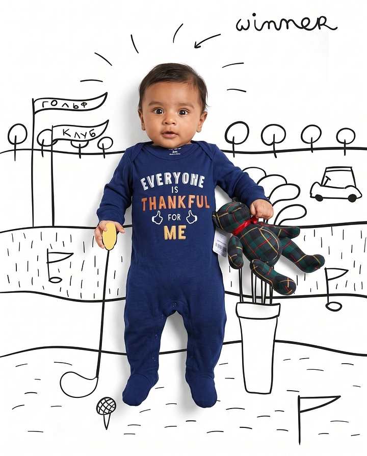 Kids Clothing creative ad: Baby photo with doodled golf winner scene