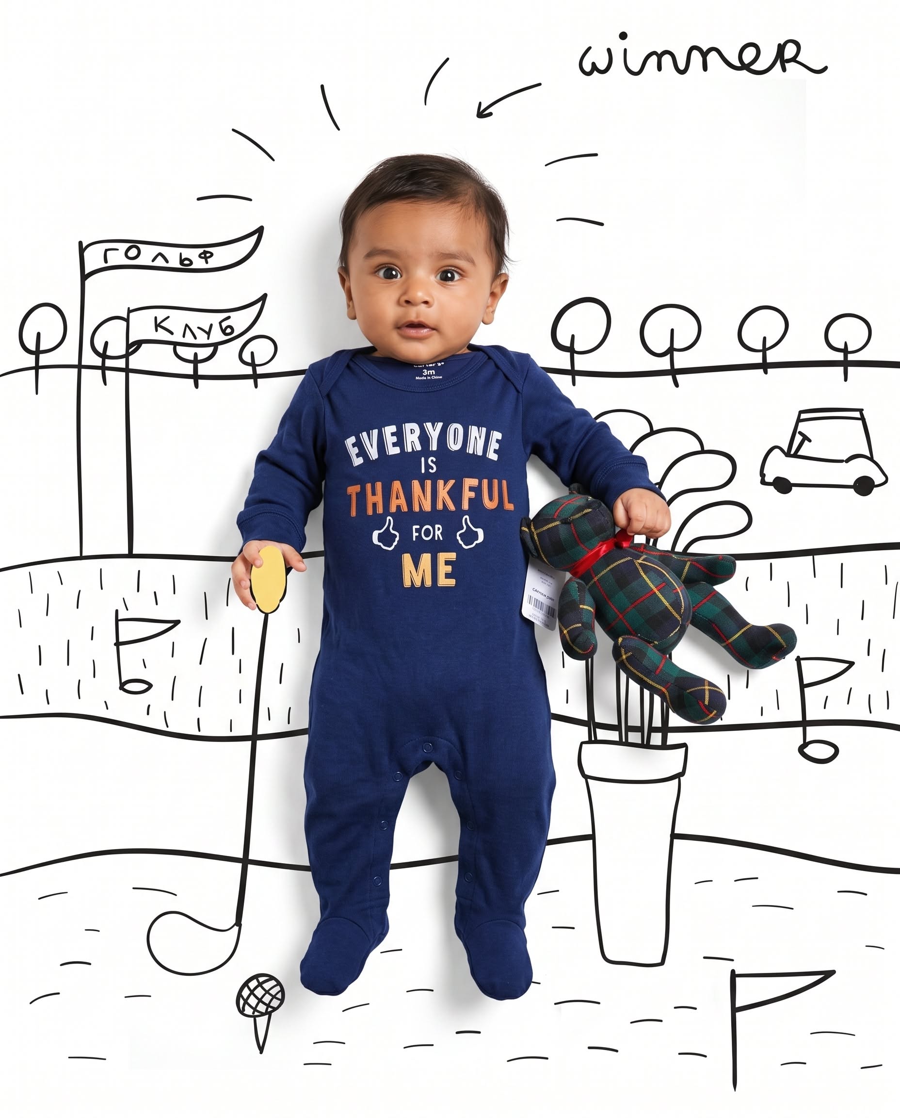 Instagram post: Baby photo with doodled golf winner scene, slide 1