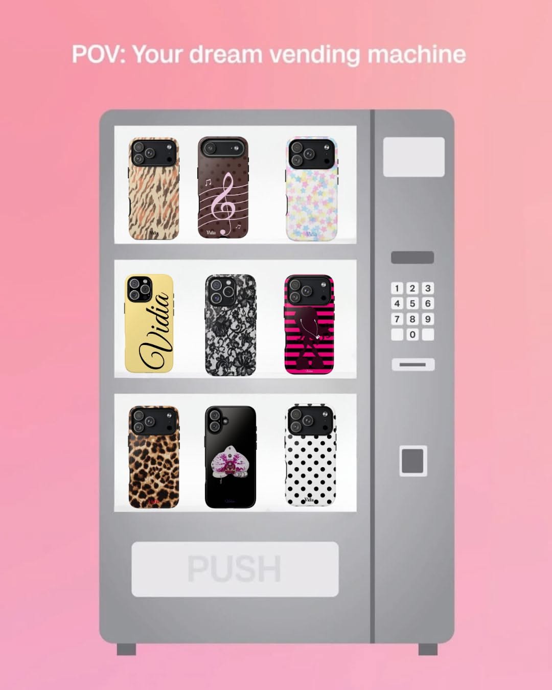 Instagram post: Phone cases presented as vending products