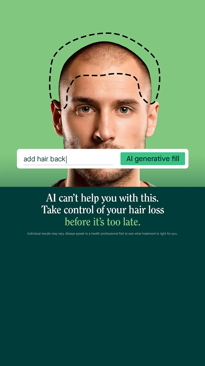 Hair Care Brands creative ad: Balding man's face with dashed AI-selection outline