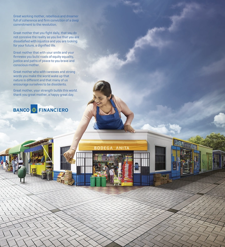 Mother's Day creative ad: Giant smiling shopkeeper mother leaning over her corner bodega