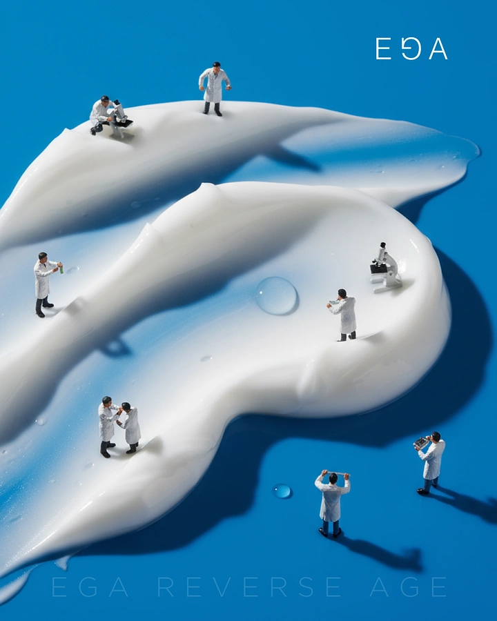 Skincare & Cosmetics creative ad: Miniature lab-coated scientists studying a giant cream swatch