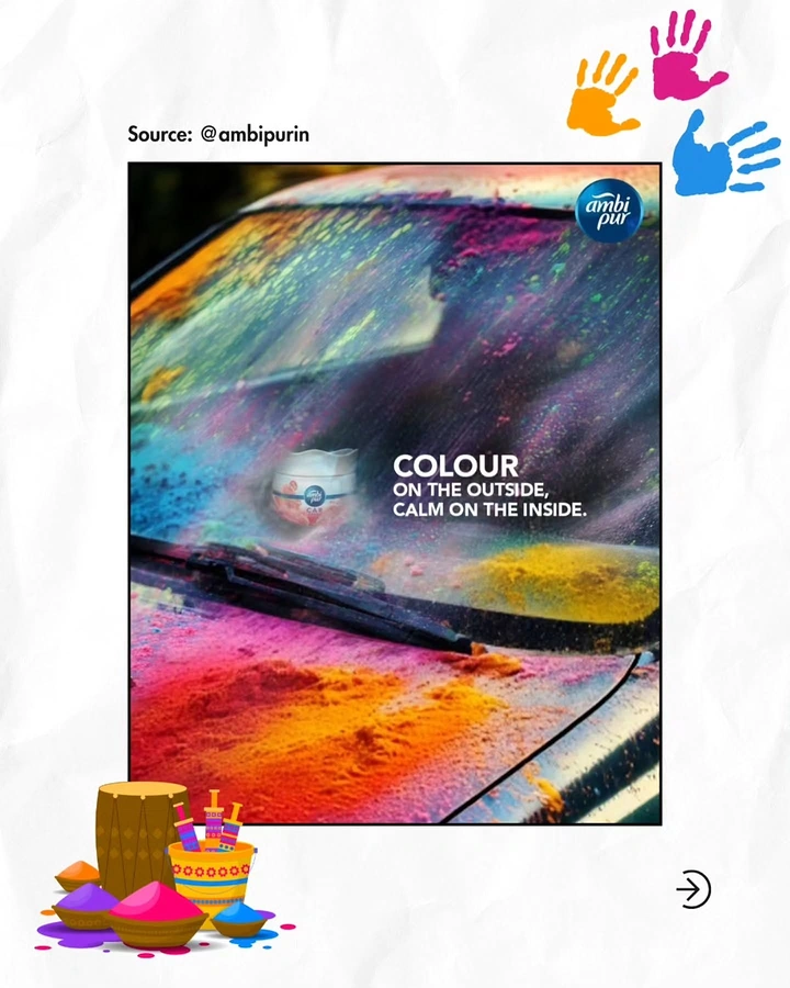 Holi creative ad: Colour-drenched car windshield with a clean circle revealing an air freshener inside
