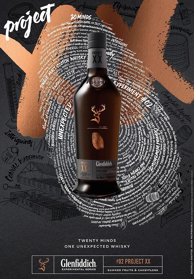 Creative ad: Dark whisky bottle over a spiral fingerprint of handwritten notes