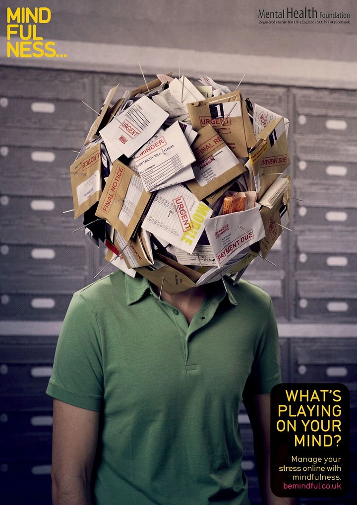 Wellness & Ayurveda creative ad: Man whose head is a ball of pinned unpaid bills