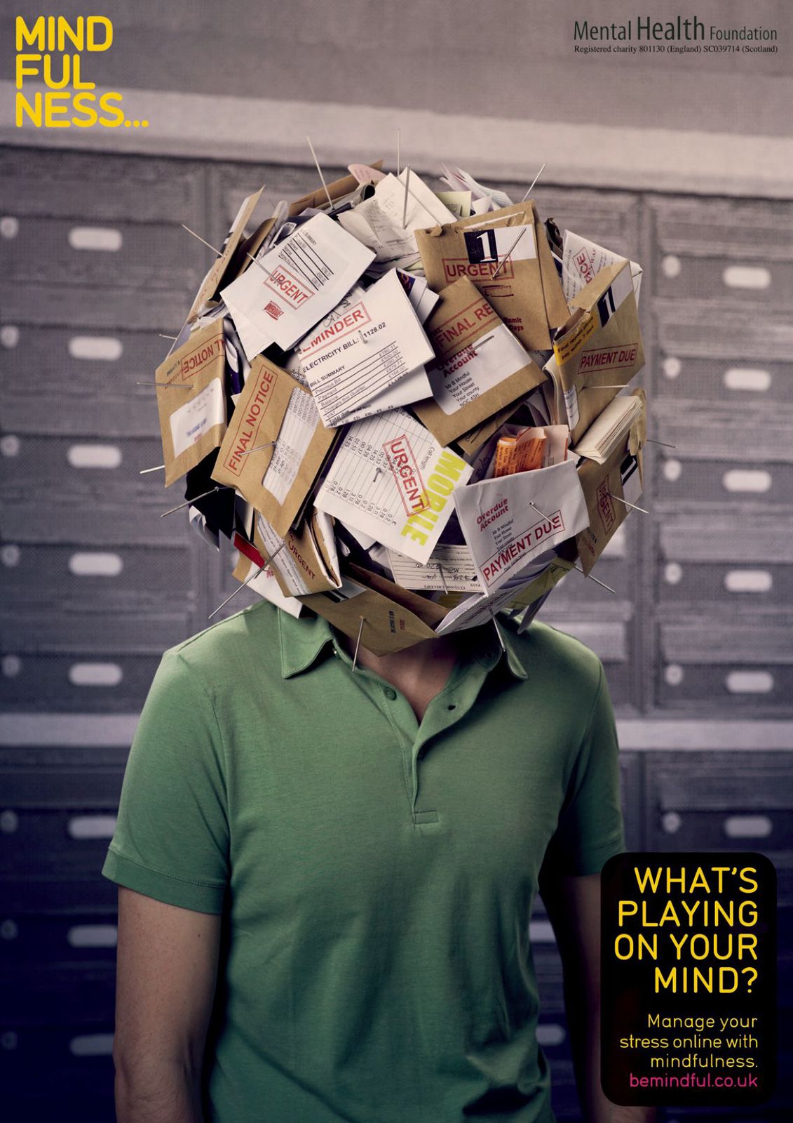 Poster: Man whose head is a ball of pinned unpaid bills
