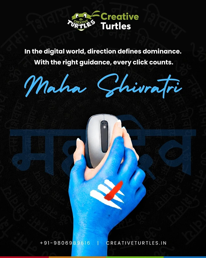 other-festival creative ad: Blue-painted hand with tripundra marking holding a computer mouse