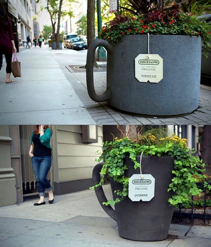 Tea & Chai Brands creative ad: Street planters shaped as giant mugs with oversized tea-bag tags